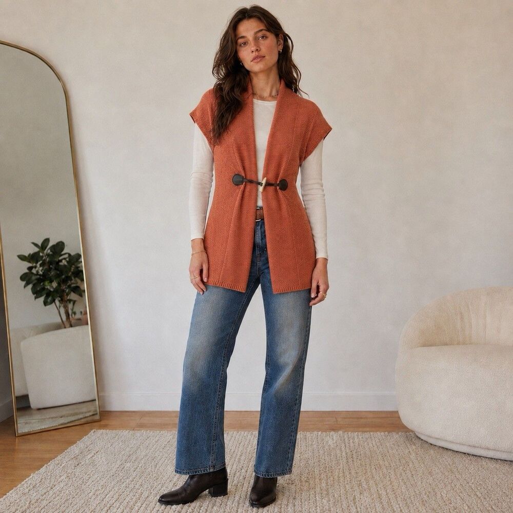 Boo Gemes Women L Merino Wool Cashmere Long Cardigan Vest Orange Toggle Coastal